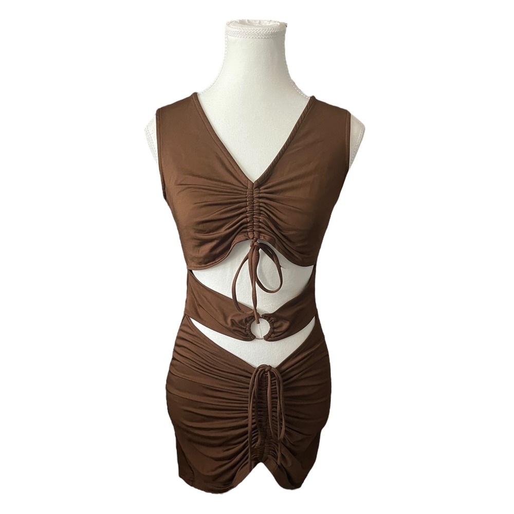White Fox Brown Cutout Mini Dress Ruched Bodycon Sleeveless Party Cocktail Sz M